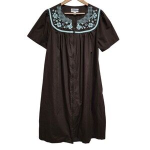 Go Softly Duster House Dress Womens M Brown Floral Embroidered Zip Lounge Casual